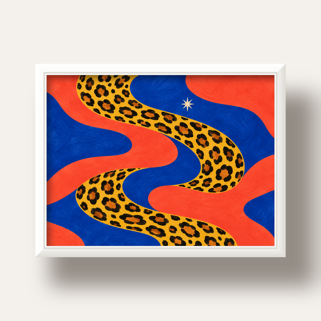 Leopar Desenli Abstrakt Yol Poster – Canlı Renkli Modern Sanat — beyaz derin çerçeveli
