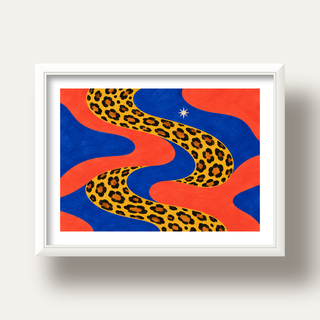 Leopar Desenli Abstrakt Yol Poster – Canlı Renkli Modern Sanat — beyaz derin çerçeveli paspartulu