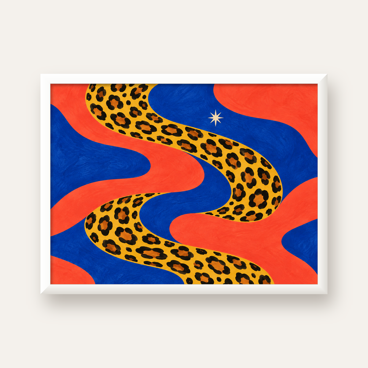Leopar Desenli Abstrakt Yol Poster – Canlı Renkli Modern Sanat — beyaz çerçeveli yatay poster