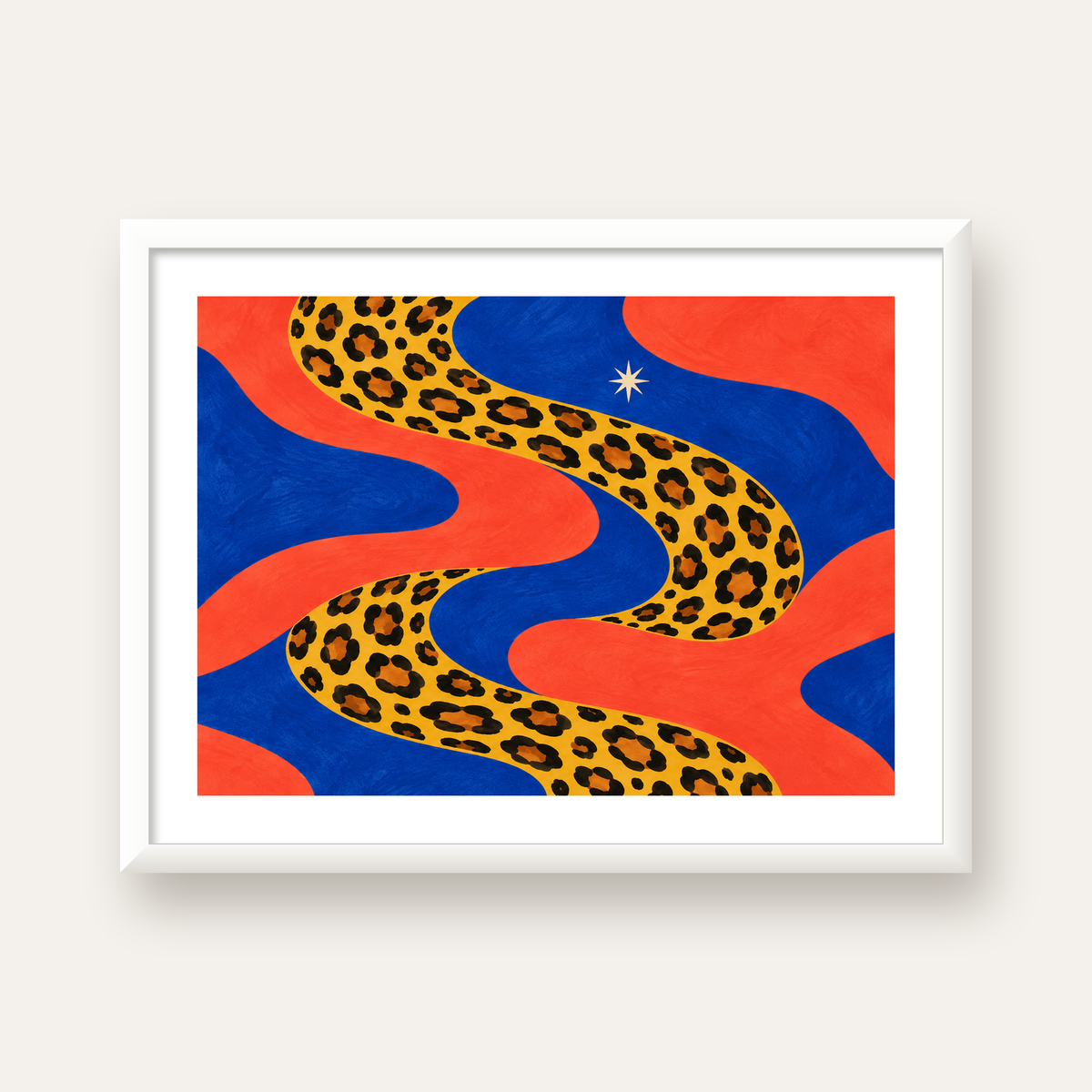 Leopar Desenli Abstrakt Yol Poster – Canlı Renkli Modern Sanat — beyaz çerçeveli yatay poster
