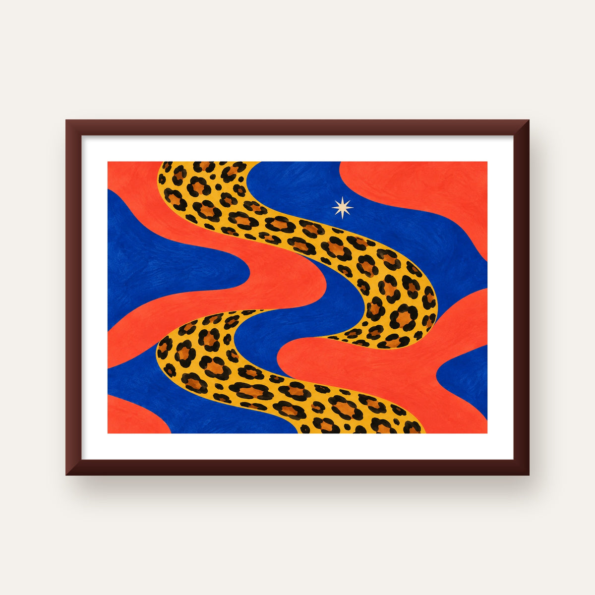 Leopar Desenli Abstrakt Yol Poster – Canlı Renkli Modern Sanat — ceviz çerçeveli paspartulu