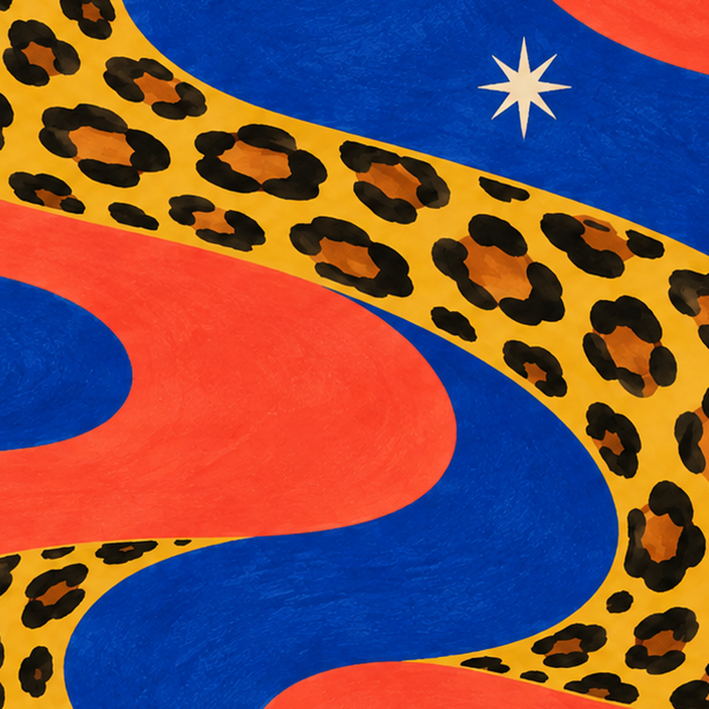 Leopar Desenli Abstrakt Yol Poster – Canlı Renkli Modern Sanat — baskının yakın çekimi, kâğıt dokusu ve renk detayı