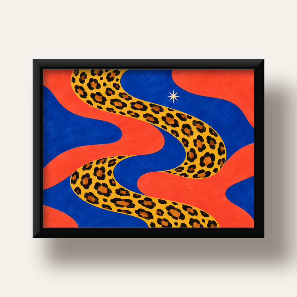 Leopar Desenli Abstrakt Yol Poster – Canlı Renkli Modern Sanat — siyah derin çerçeveli