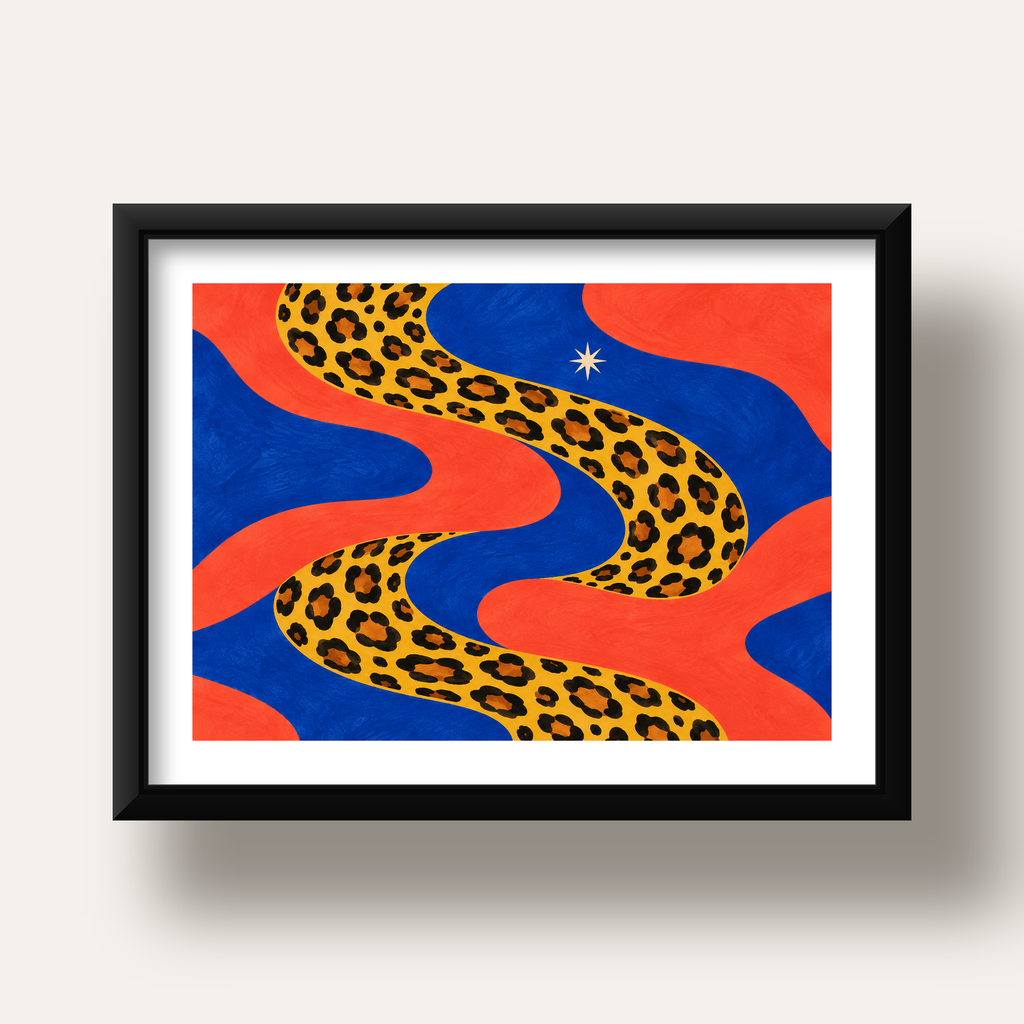 Leopar Desenli Abstrakt Yol Poster – Canlı Renkli Modern Sanat — siyah derin çerçeveli paspartulu