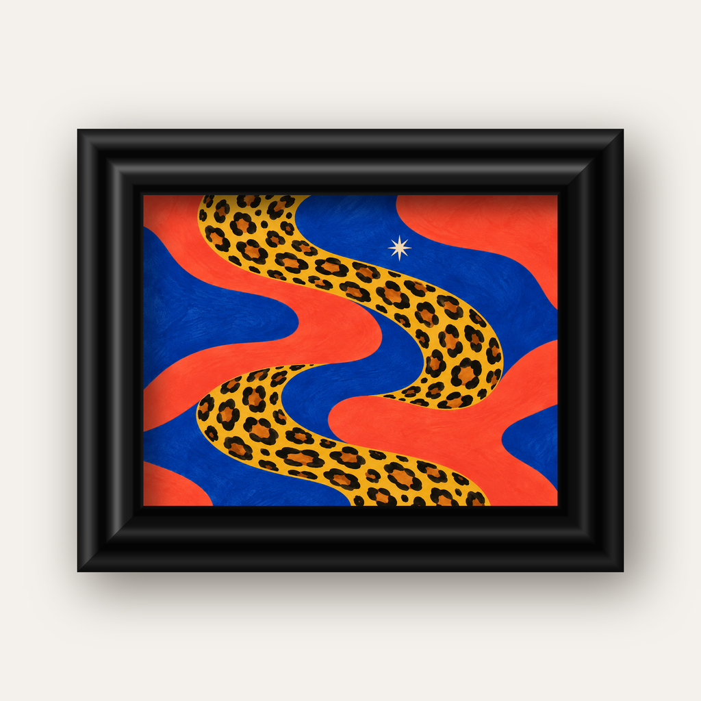 Leopar Desenli Abstrakt Yol Poster – Canlı Renkli Modern Sanat — siyah galeri çerçeveli