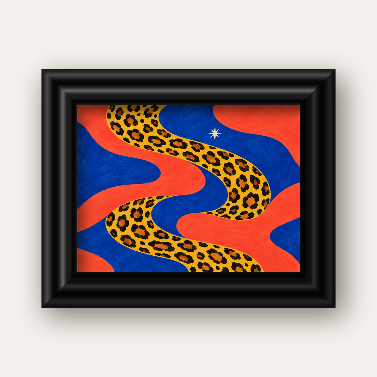 Leopar Desenli Abstrakt Yol Poster – Canlı Renkli Modern Sanat — siyah galeri çerçeveli