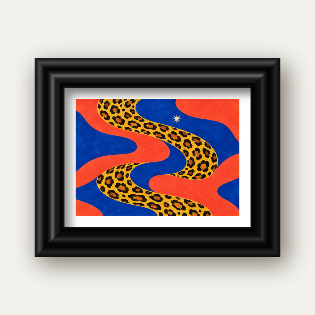Leopar Desenli Abstrakt Yol Poster – Canlı Renkli Modern Sanat — siyah galeri çerçeveli paspartulu