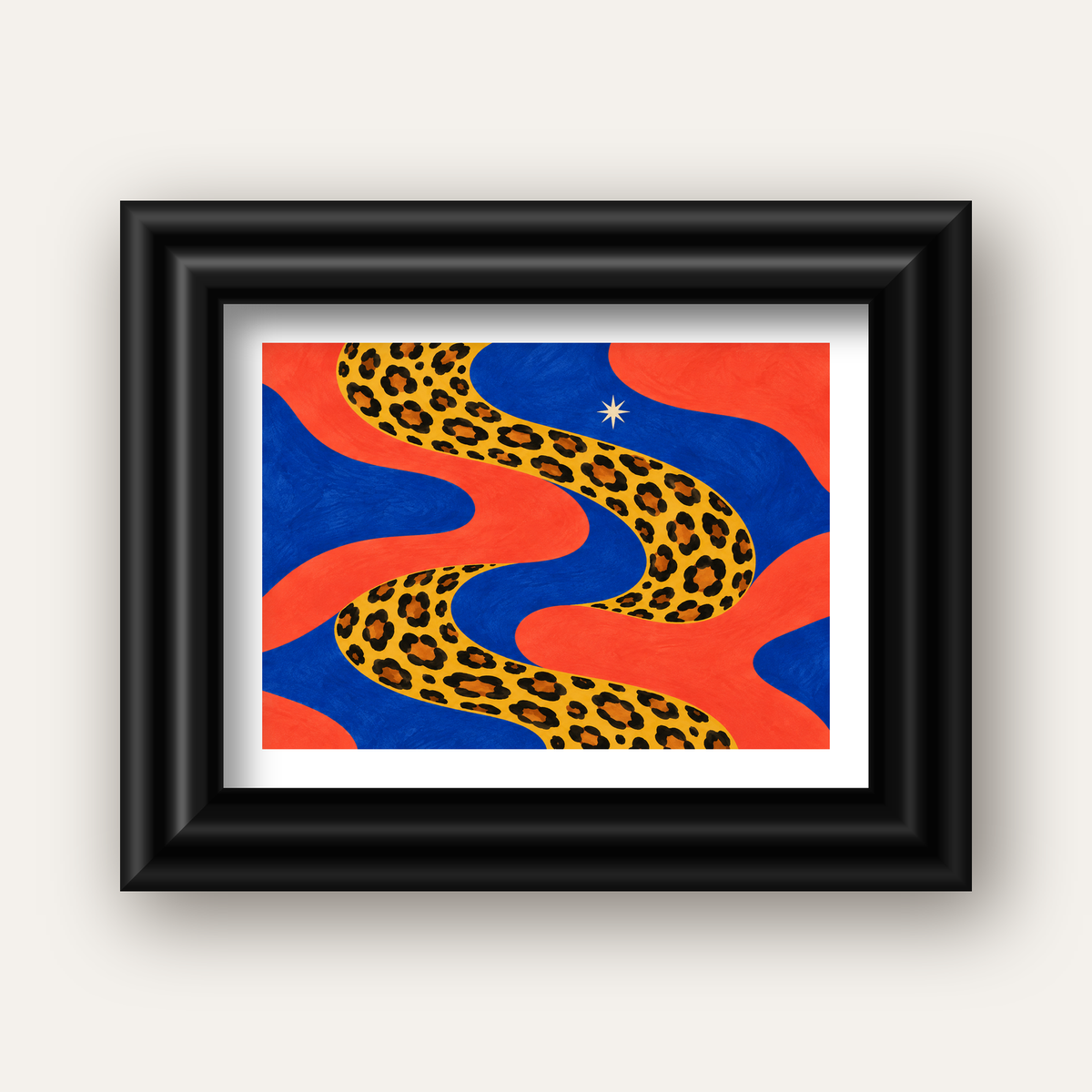 Leopar Desenli Abstrakt Yol Poster – Canlı Renkli Modern Sanat — siyah galeri çerçeveli paspartulu