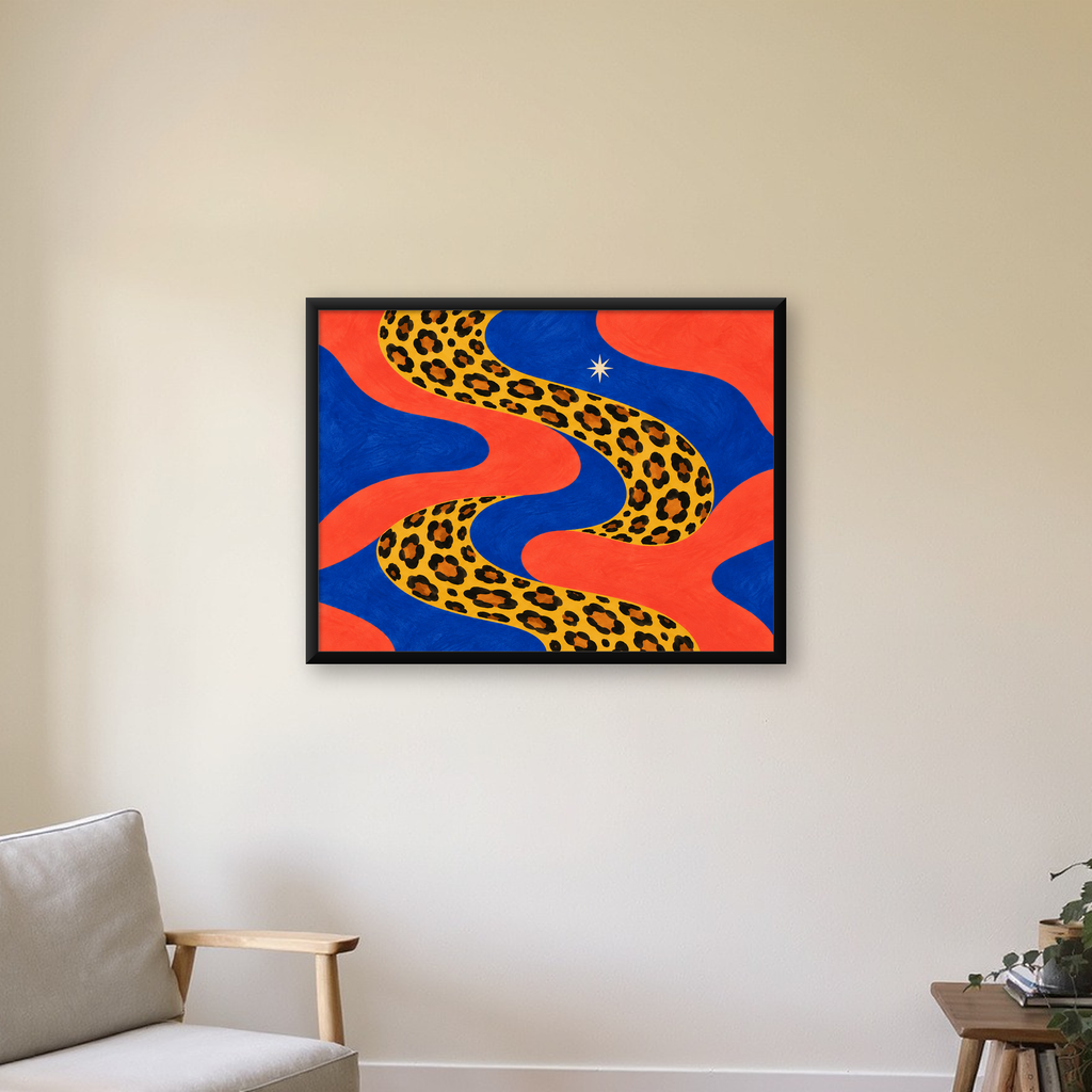 Leopar Desenli Abstrakt Yol Poster – Canlı Renkli Modern Sanat — Yatay baskı, çerçeveli hâliyle bir ev duvarında