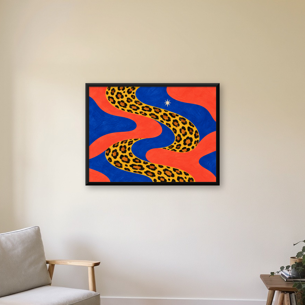 Leopar Desenli Abstrakt Yol Poster – Canlı Renkli Modern Sanat — Yatay baskı, çerçeveli hâliyle bir ev duvarında
