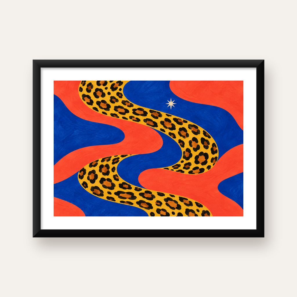 Leopar Desenli Abstrakt Yol Poster – Canlı Renkli Modern Sanat — Yatay baskı, beyaz paspartulu