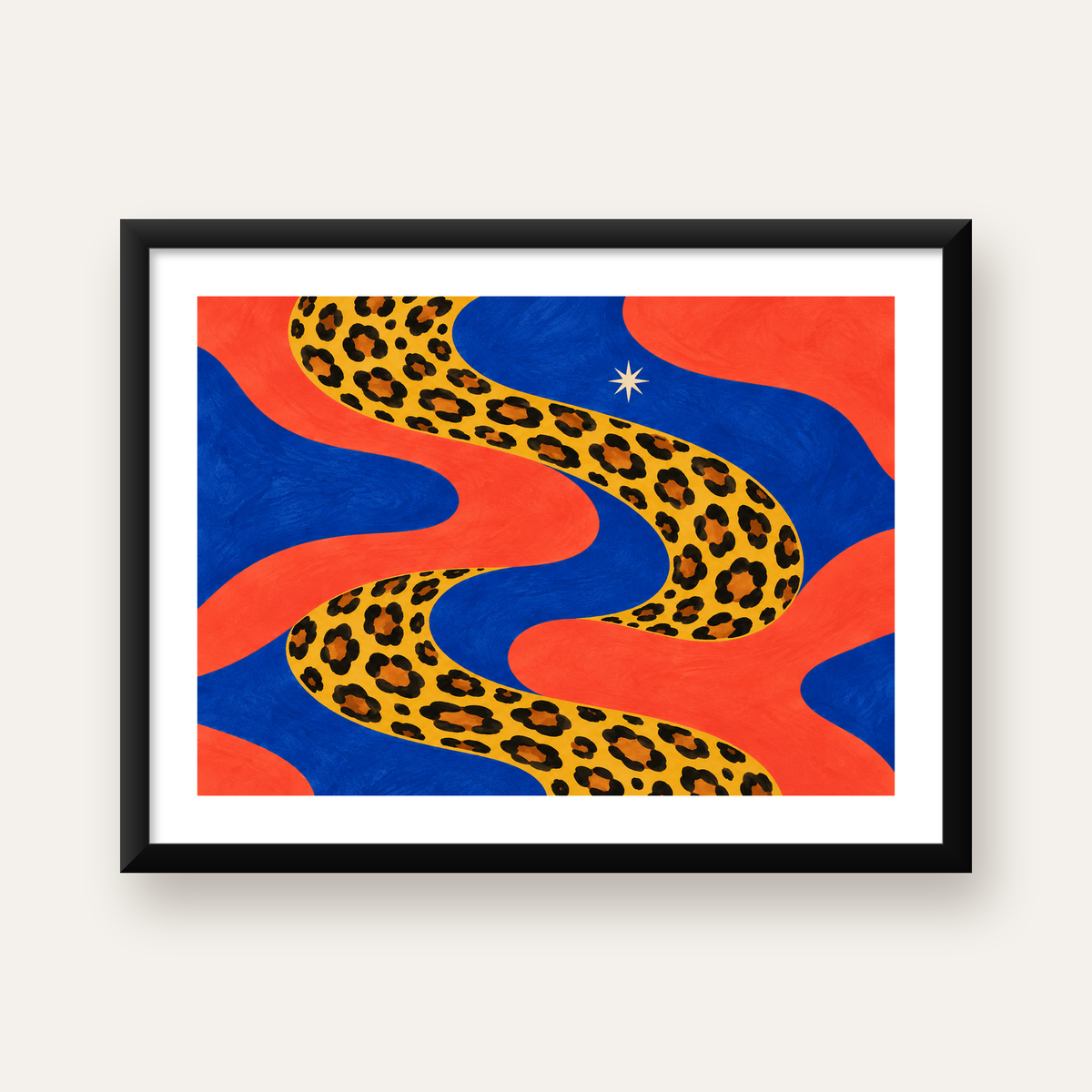 Leopar Desenli Abstrakt Yol Poster – Canlı Renkli Modern Sanat — Yatay baskı, beyaz paspartulu