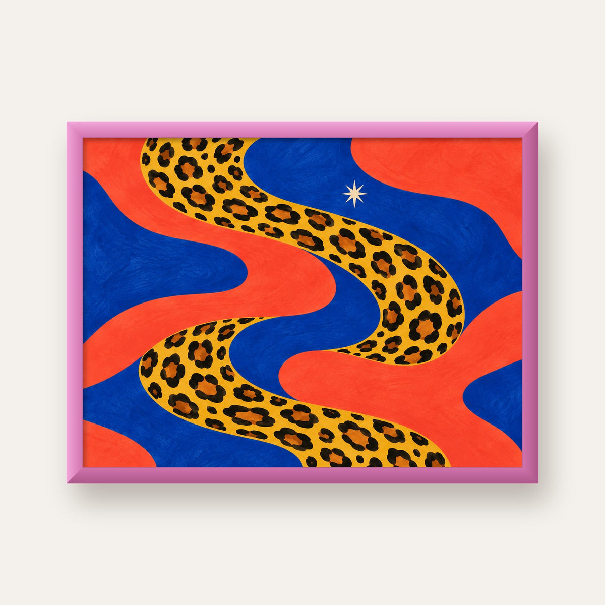 Leopar Desenli Abstrakt Yol Poster – Canlı Renkli Modern Sanat — pembe çerçeveli