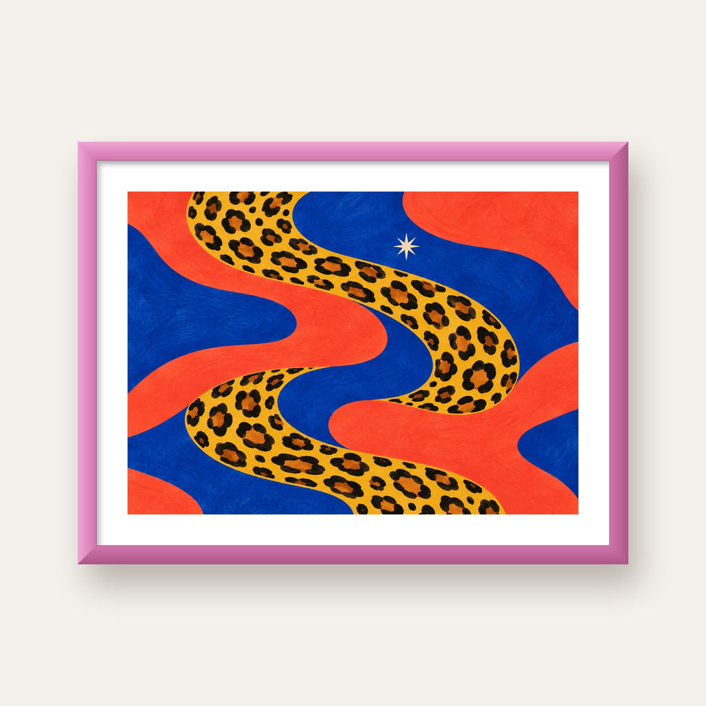 Leopar Desenli Abstrakt Yol Poster – Canlı Renkli Modern Sanat — pembe çerçeveli paspartulu