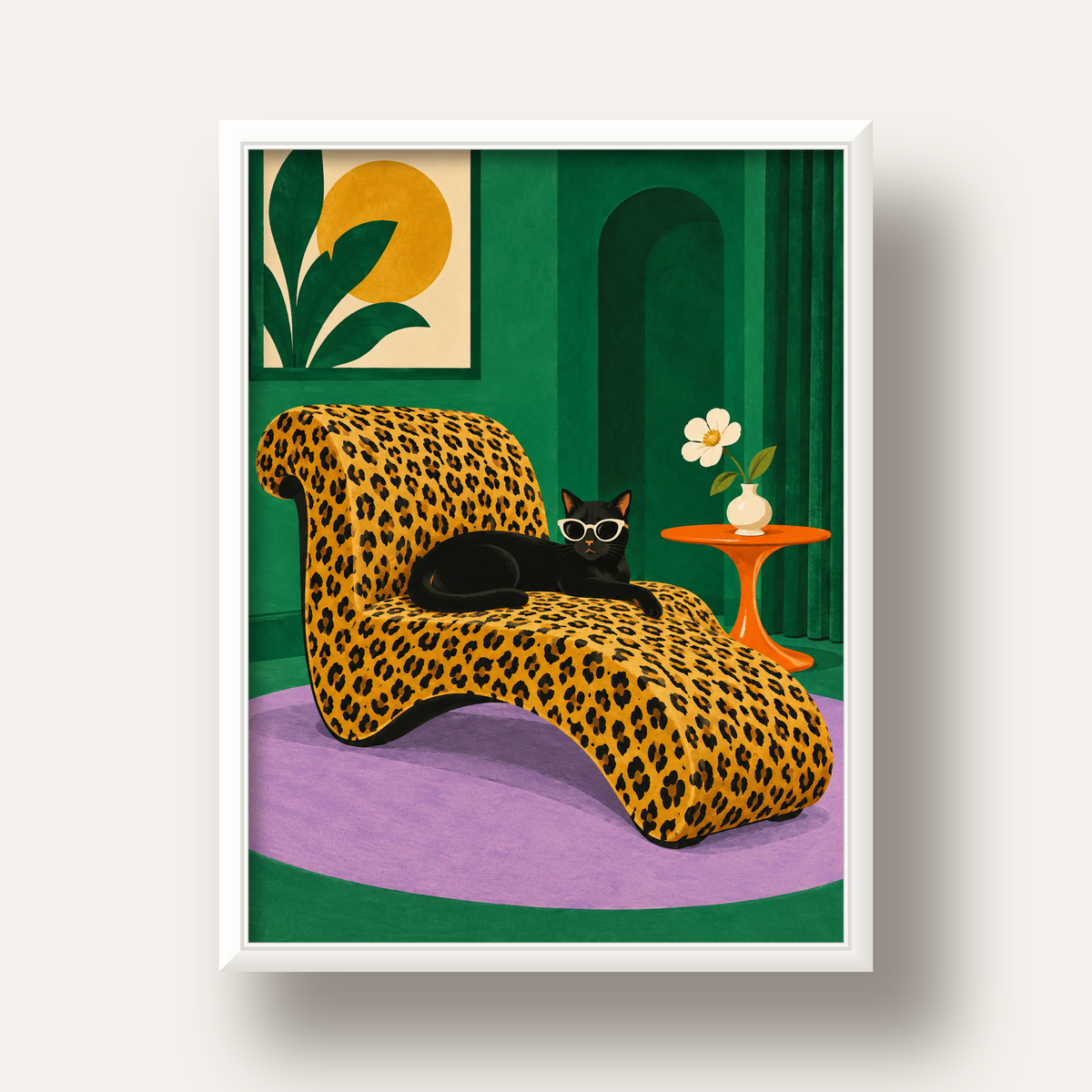 Leopar Desenli Koltukta Gözlüklü Siyah Kedi Poster — beyaz derin çerçeveli