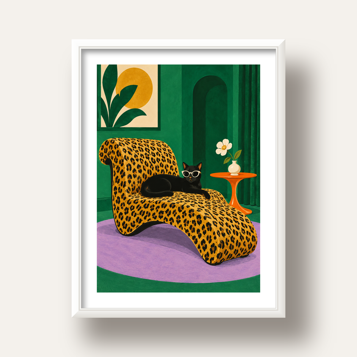 Leopar Desenli Koltukta Gözlüklü Siyah Kedi Poster — beyaz derin çerçeveli paspartulu