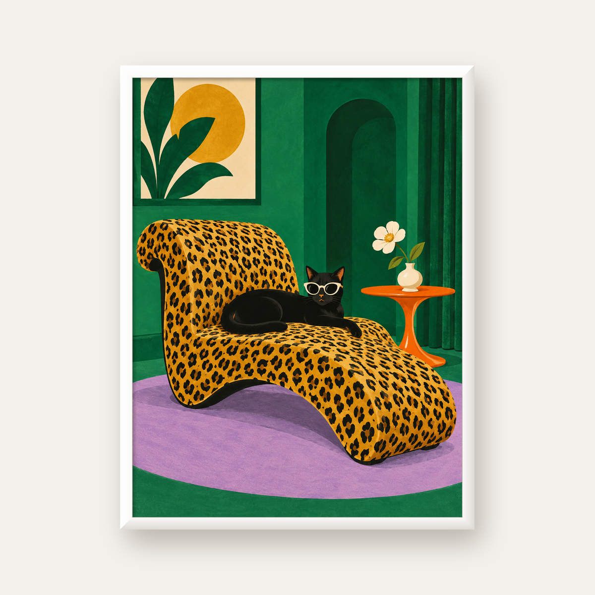 Leopar Desenli Koltukta Gözlüklü Siyah Kedi Poster — beyaz çerçeveli dikey poster