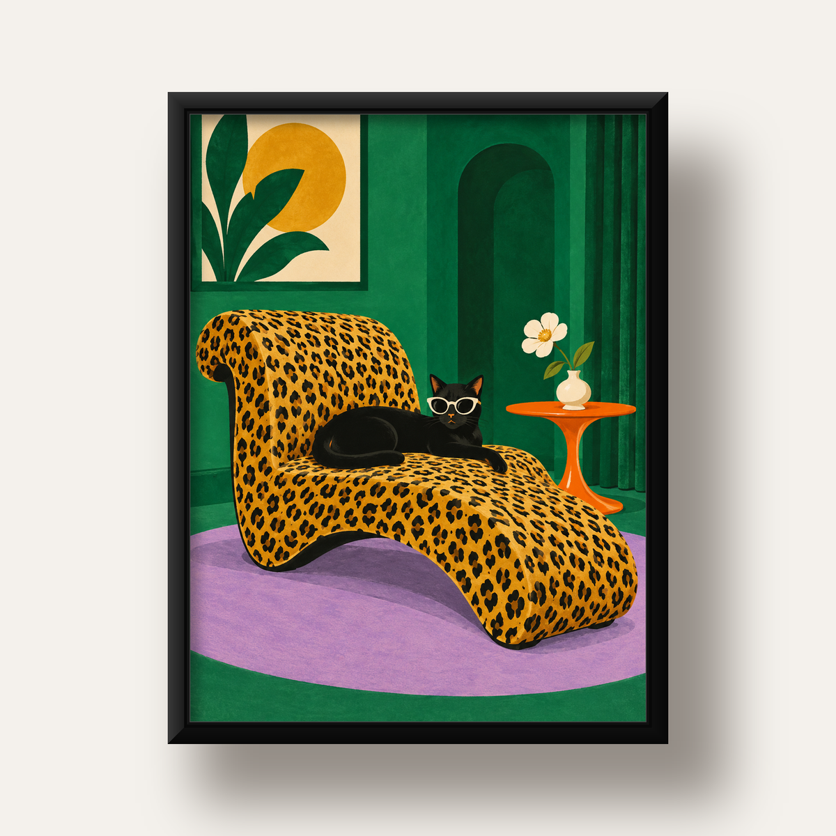 Leopar Desenli Koltukta Gözlüklü Siyah Kedi Poster — siyah derin çerçeveli