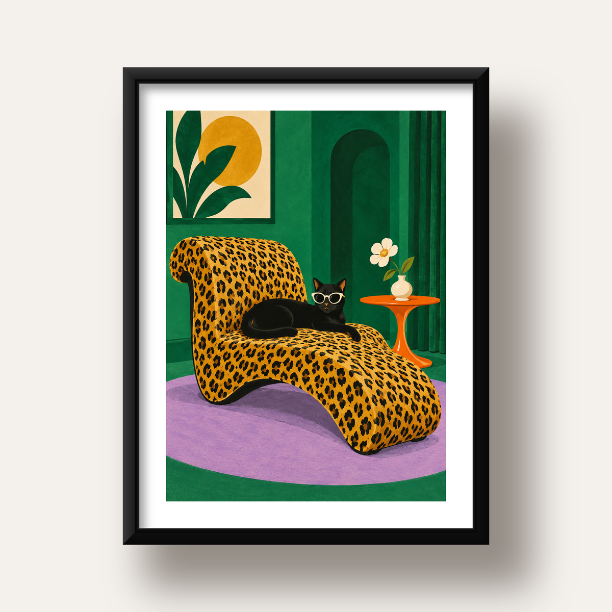 Leopar Desenli Koltukta Gözlüklü Siyah Kedi Poster — siyah derin çerçeveli paspartulu
