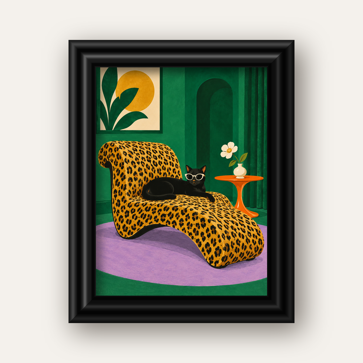 Leopar Desenli Koltukta Gözlüklü Siyah Kedi Poster — siyah galeri çerçeveli