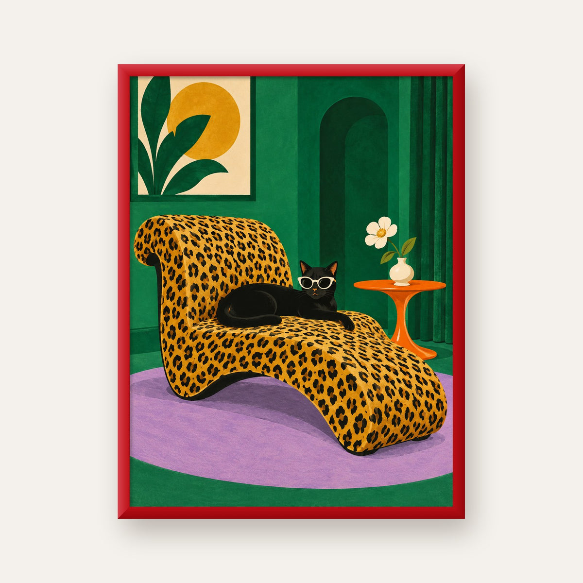 Leopar Desenli Koltukta Gözlüklü Siyah Kedi Poster — kırmızı çerçeveli
