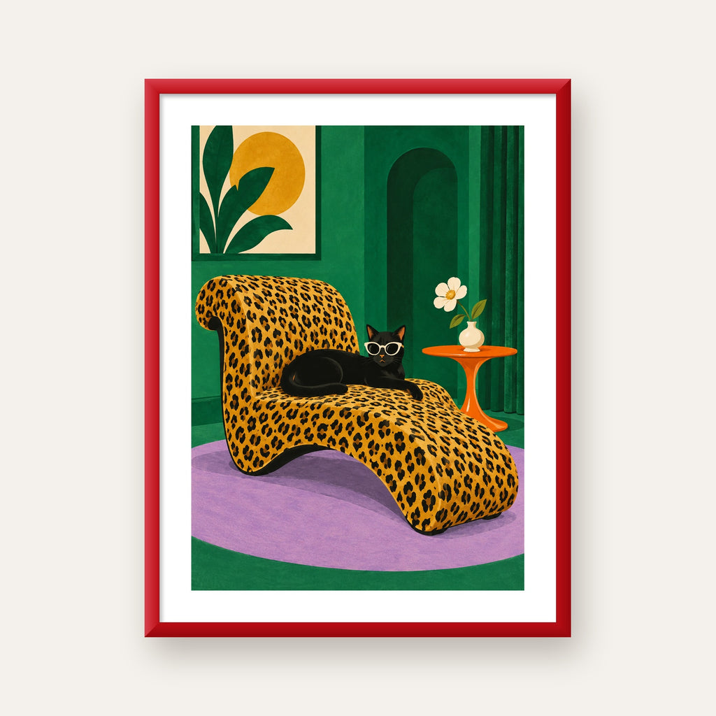 Leopar Desenli Koltukta Gözlüklü Siyah Kedi Poster — kırmızı çerçeveli paspartulu