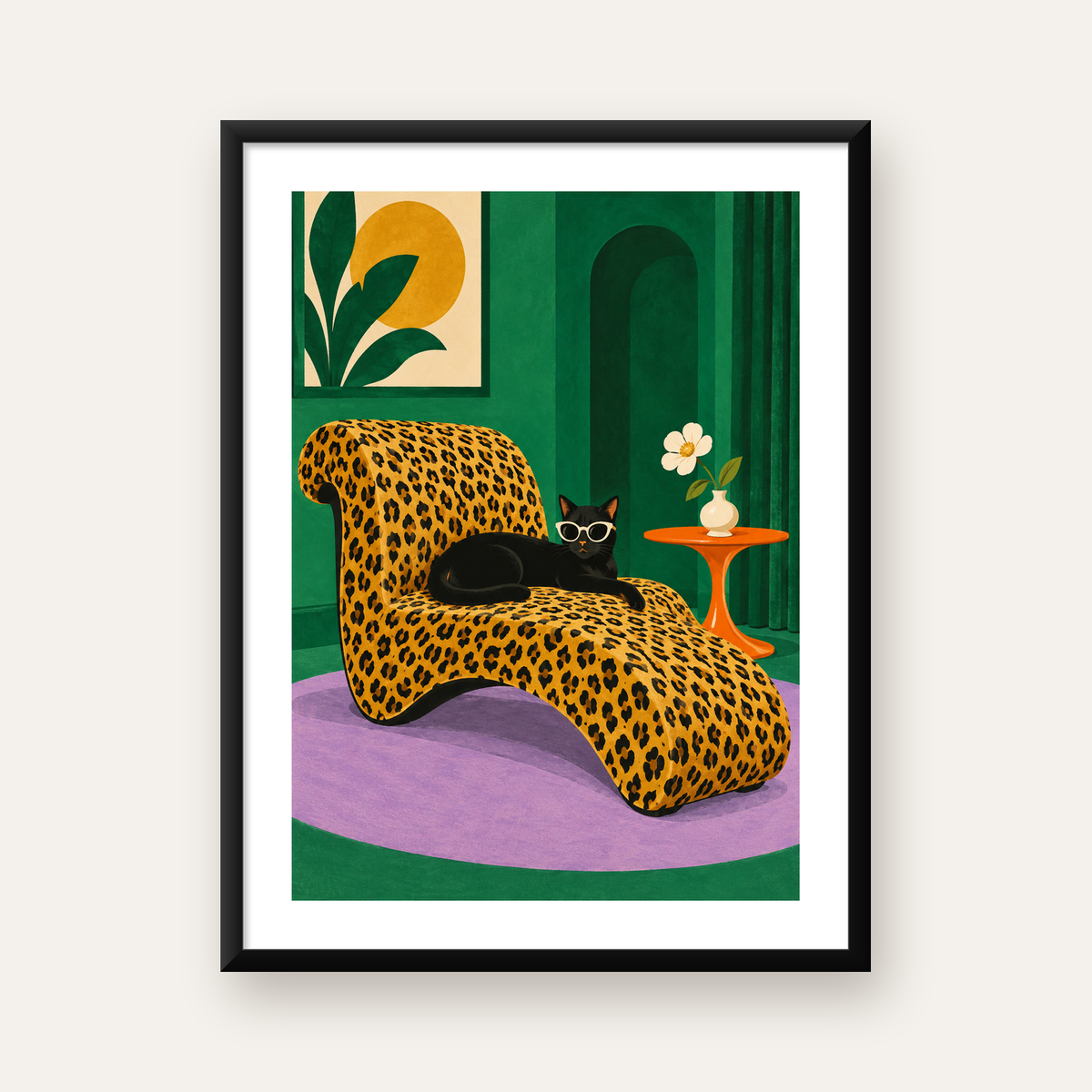 Leopar Desenli Koltukta Gözlüklü Siyah Kedi Poster — Dikey baskı, beyaz paspartulu