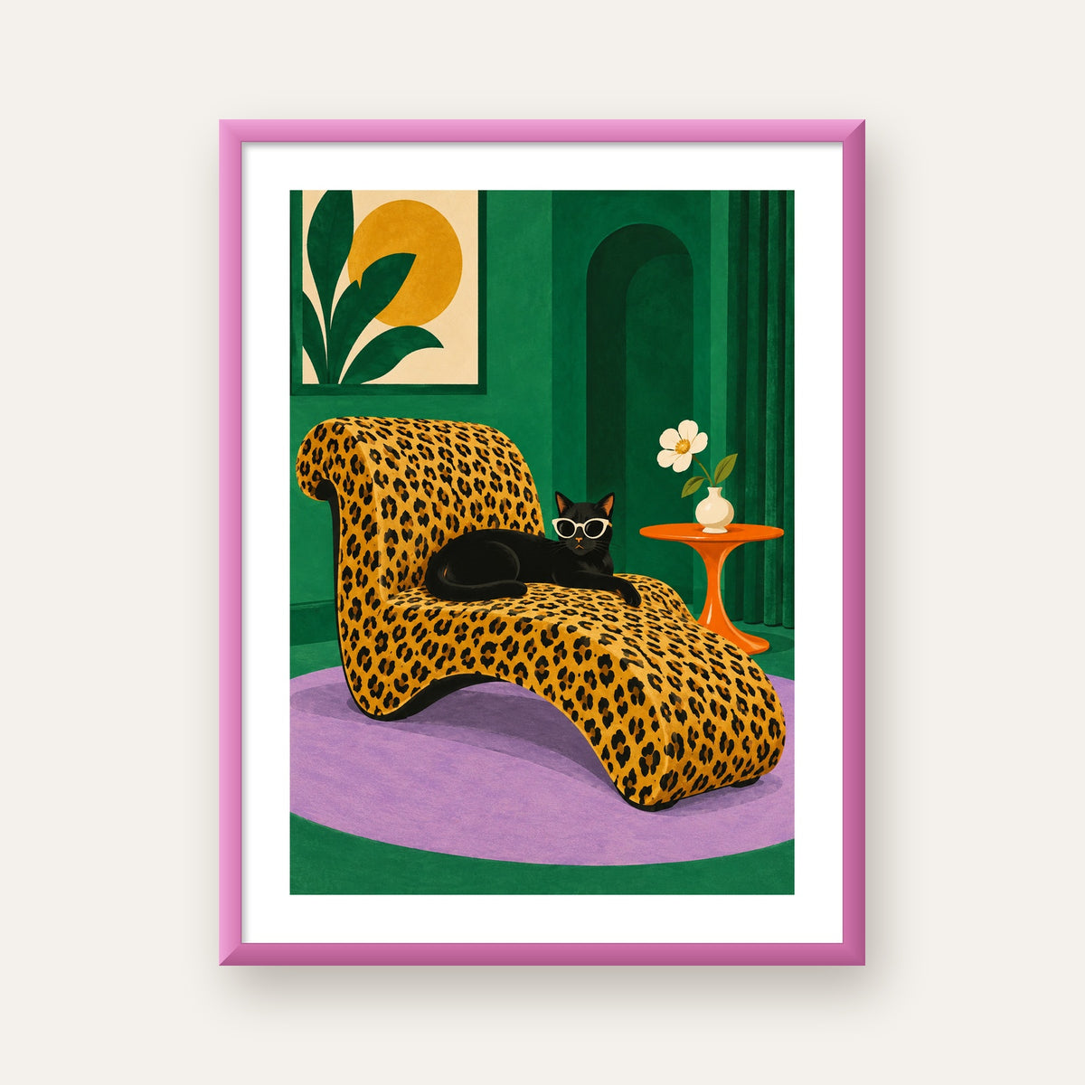 Leopar Desenli Koltukta Gözlüklü Siyah Kedi Poster — pembe çerçeveli paspartulu