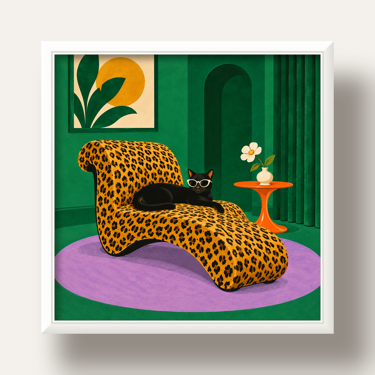 Leopar Desenli Koltukta Gözlüklü Siyah Kedi Poster — beyaz derin çerçeveli