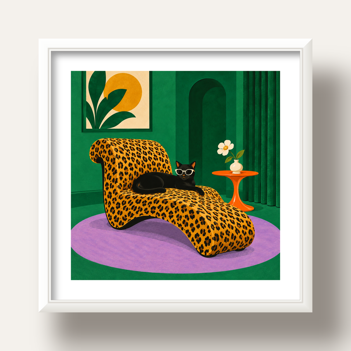 Leopar Desenli Koltukta Gözlüklü Siyah Kedi Poster — beyaz derin çerçeveli paspartulu