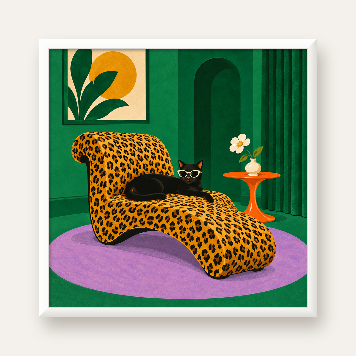 Leopar Desenli Koltukta Gözlüklü Siyah Kedi Poster — beyaz çerçeveli kare poster