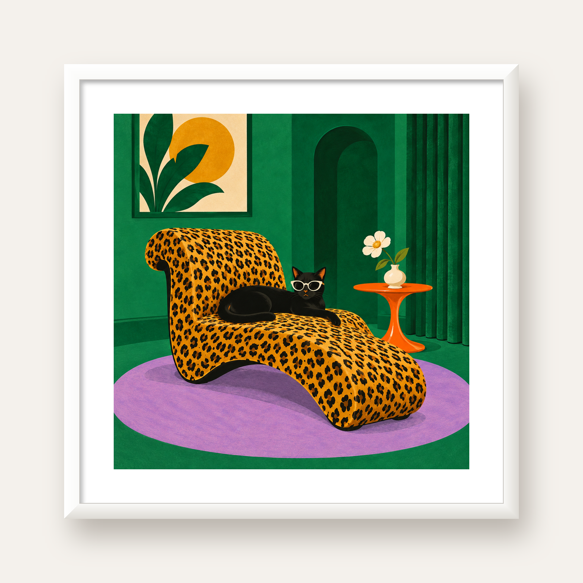 Leopar Desenli Koltukta Gözlüklü Siyah Kedi Poster — beyaz çerçeveli kare poster