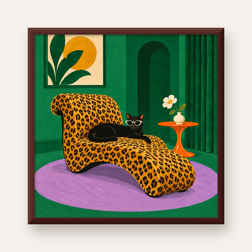 Leopar Desenli Koltukta Gözlüklü Siyah Kedi Poster — ceviz çerçeveli