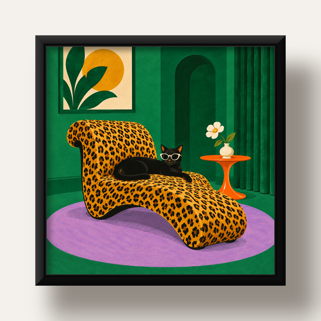 Leopar Desenli Koltukta Gözlüklü Siyah Kedi Poster — siyah derin çerçeveli