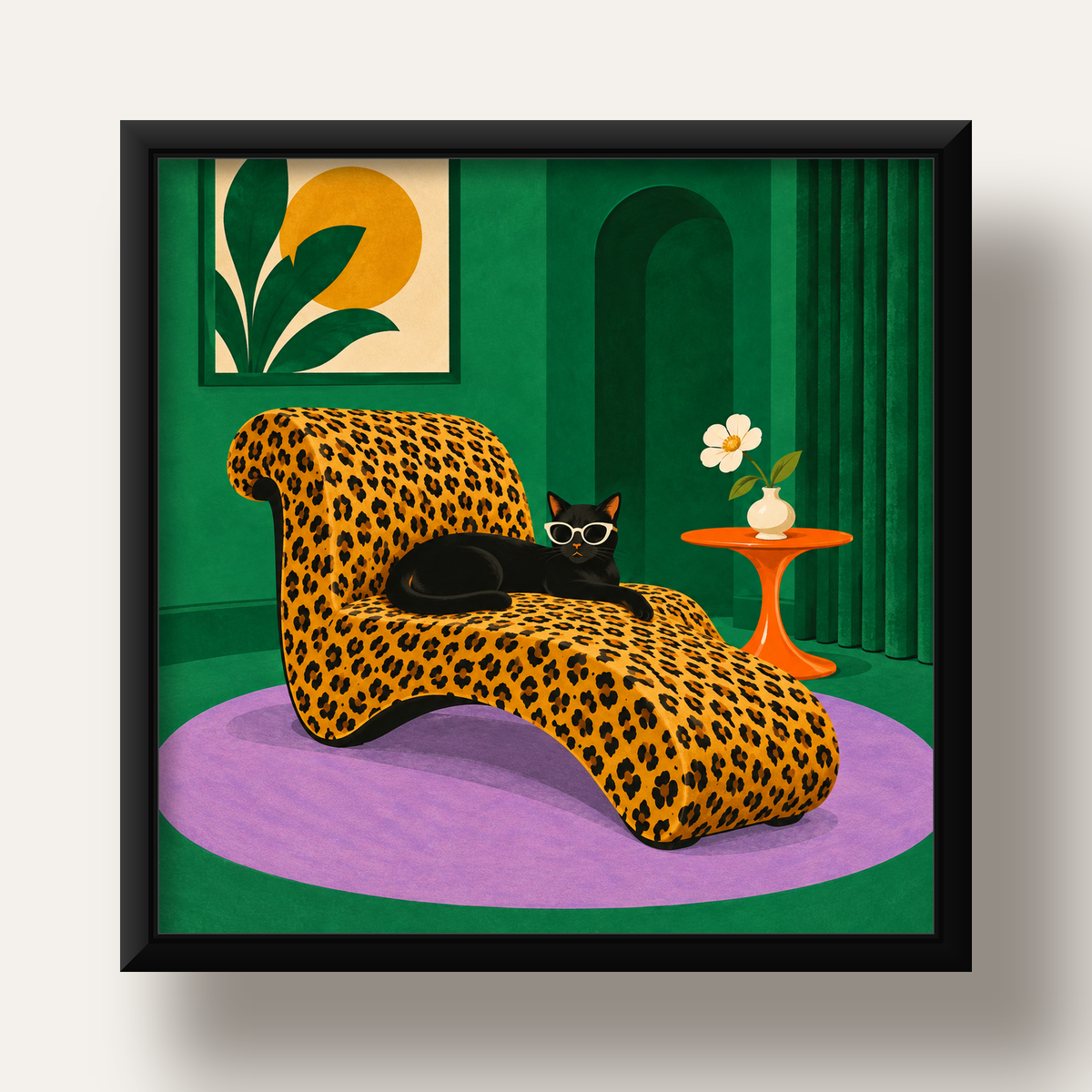 Leopar Desenli Koltukta Gözlüklü Siyah Kedi Poster — siyah derin çerçeveli