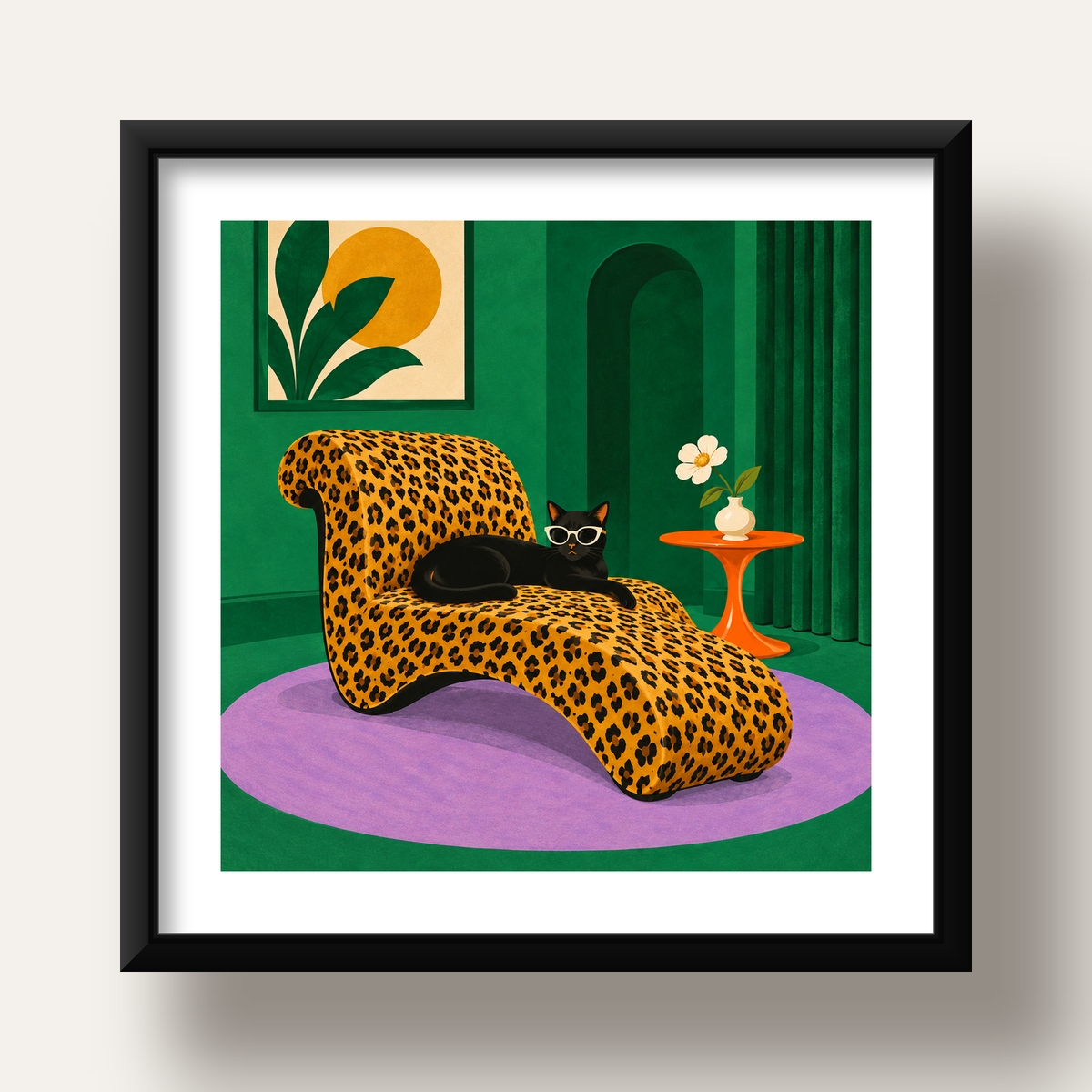 Leopar Desenli Koltukta Gözlüklü Siyah Kedi Poster — siyah derin çerçeveli paspartulu