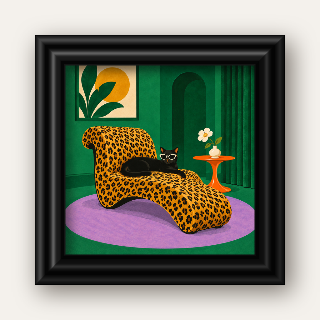 Leopar Desenli Koltukta Gözlüklü Siyah Kedi Poster — siyah galeri çerçeveli