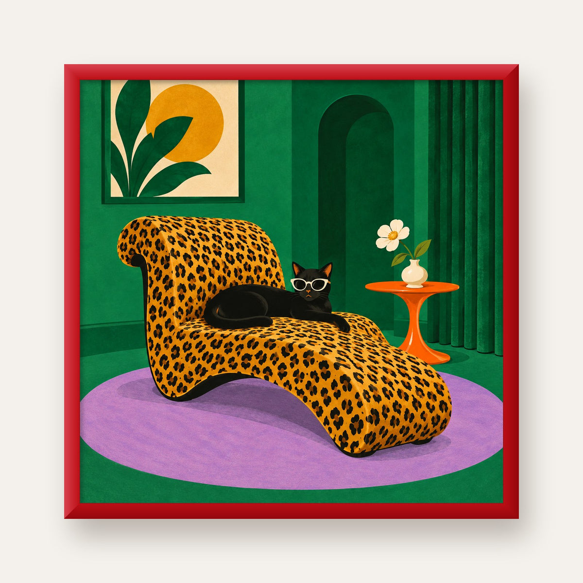 Leopar Desenli Koltukta Gözlüklü Siyah Kedi Poster — kırmızı çerçeveli