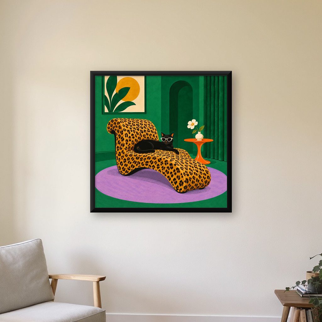 Leopar Desenli Koltukta Gözlüklü Siyah Kedi Poster — Kare baskı, çerçeveli hâliyle bir ev duvarında