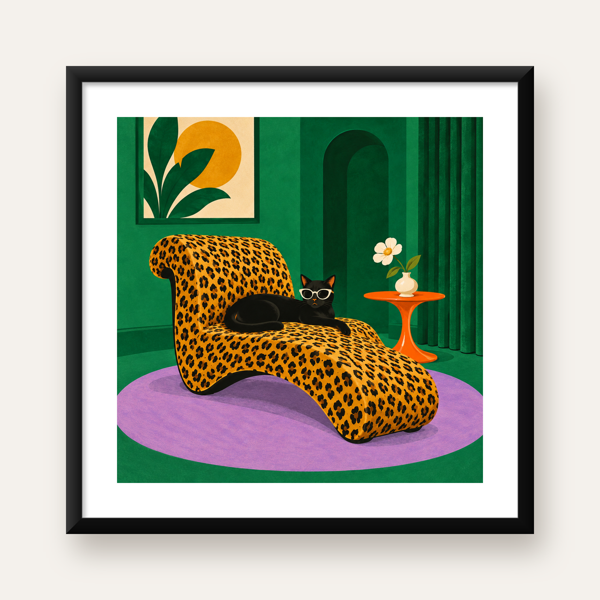 Leopar Desenli Koltukta Gözlüklü Siyah Kedi Poster — Kare baskı, beyaz paspartulu