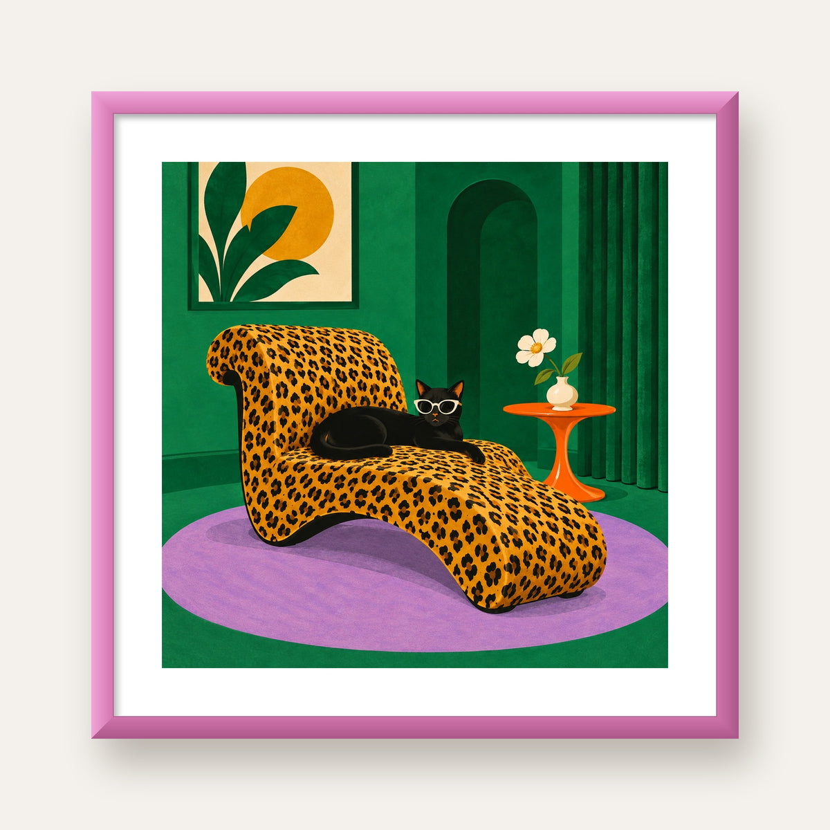 Leopar Desenli Koltukta Gözlüklü Siyah Kedi Poster — pembe çerçeveli paspartulu