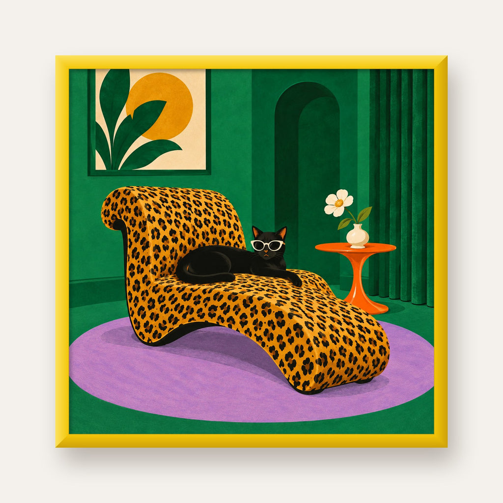 Leopar Desenli Koltukta Gözlüklü Siyah Kedi Poster — sarı çerçeveli