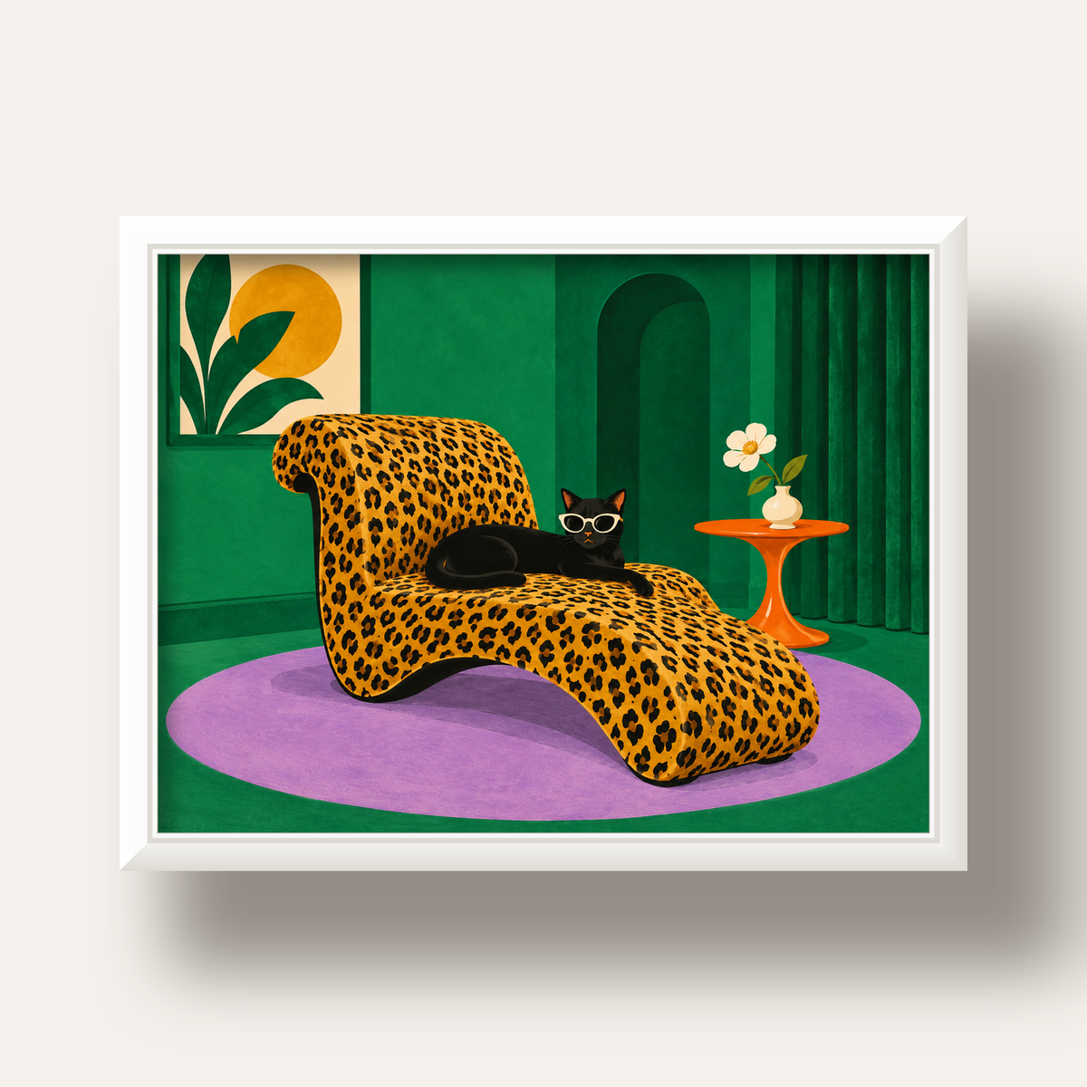 Leopar Desenli Koltukta Gözlüklü Siyah Kedi Poster — beyaz derin çerçeveli