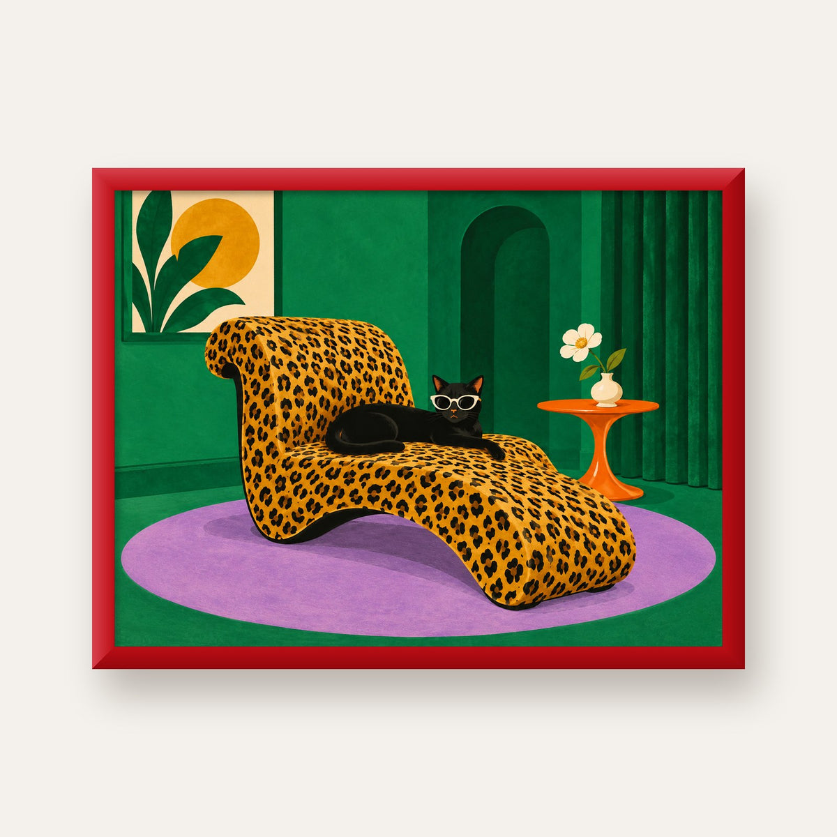 Leopar Desenli Koltukta Gözlüklü Siyah Kedi Poster — kırmızı çerçeveli