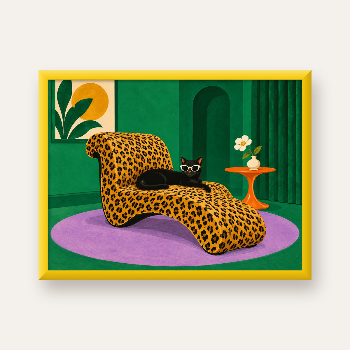 Leopar Desenli Koltukta Gözlüklü Siyah Kedi Poster — sarı çerçeveli