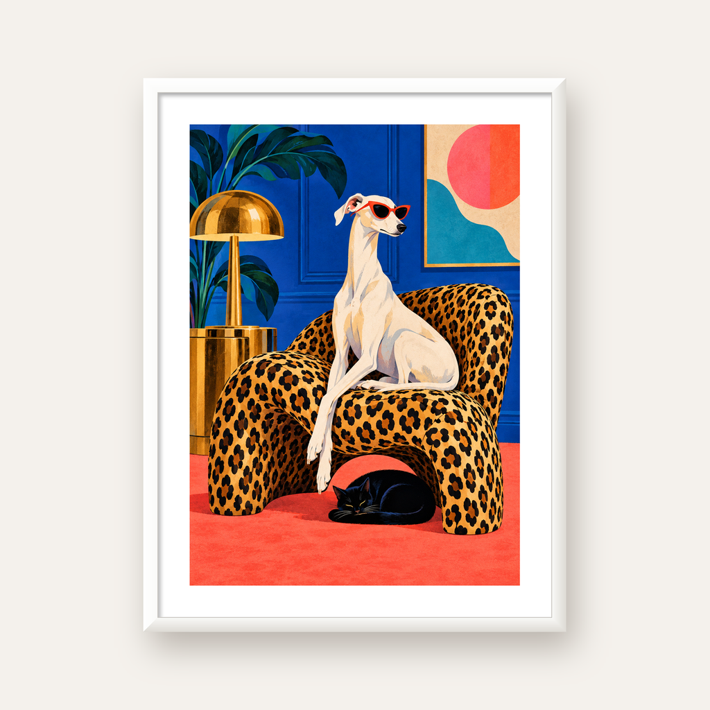 Leopar Koltukta Tazı ve Kedi — beyaz çerçeveli dikey poster