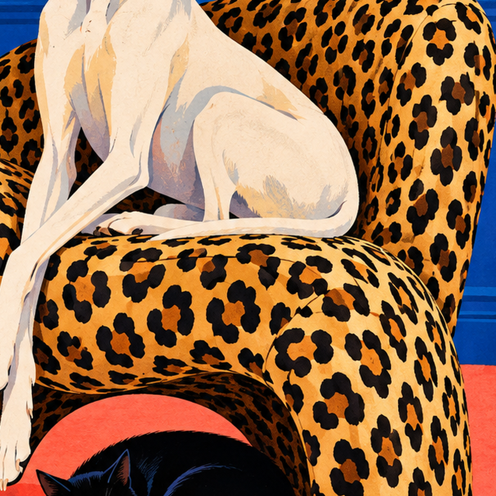 Retro Salon: Şık Köpekli ve Kedili Modern Sanat Poster — baskının yakın çekimi, kâğıt dokusu ve renk detayı