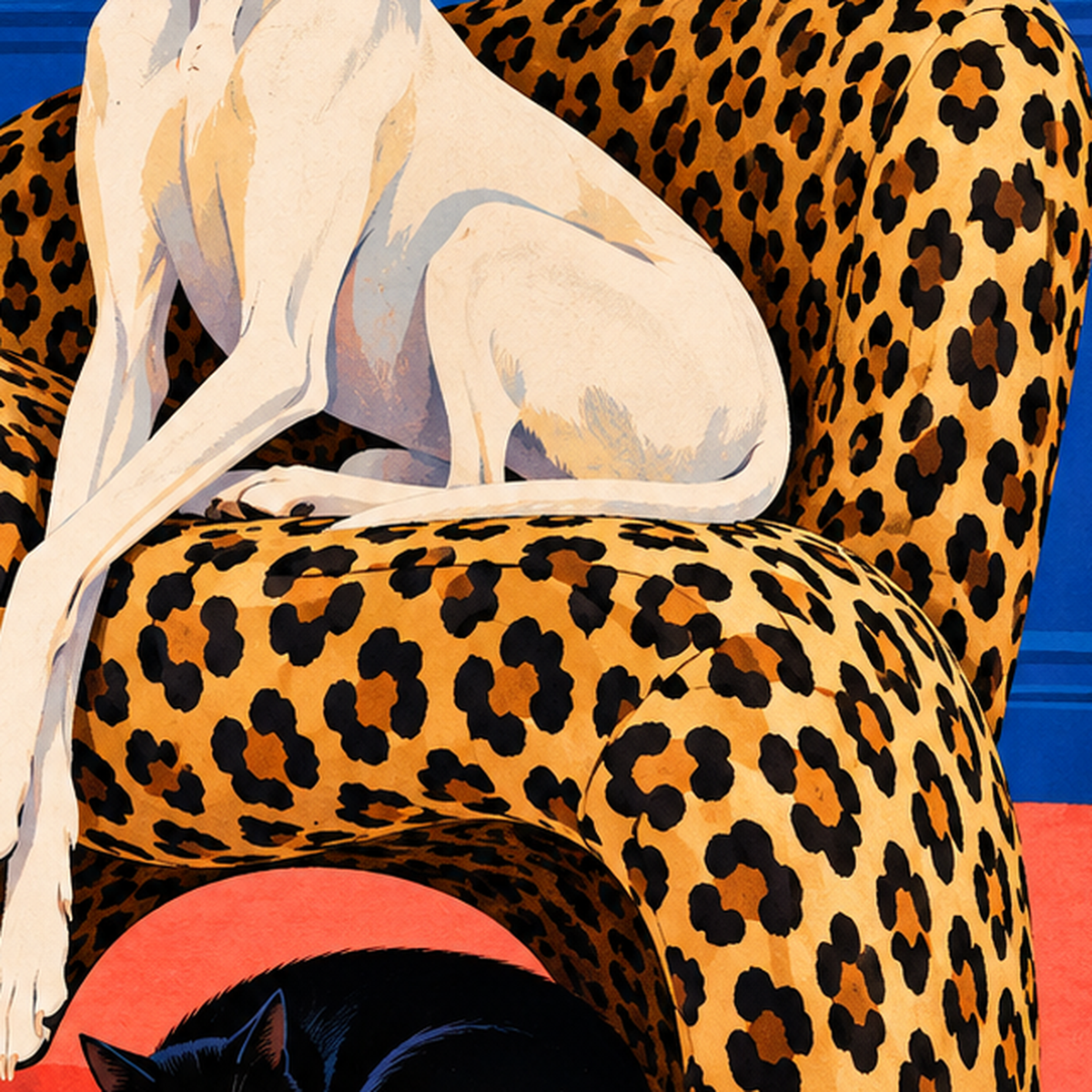 Retro Salon: Şık Köpekli ve Kedili Modern Sanat Poster — baskının yakın çekimi, kâğıt dokusu ve renk detayı