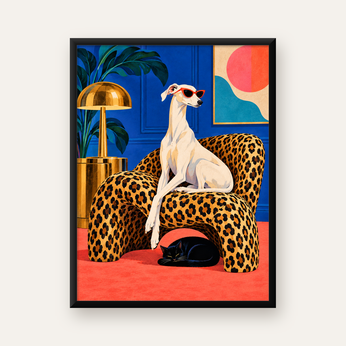 Retro Salon: Şık Köpekli ve Kedili Modern Sanat Poster — Dikey baskı, düz siyah çerçeveli duvar posteri