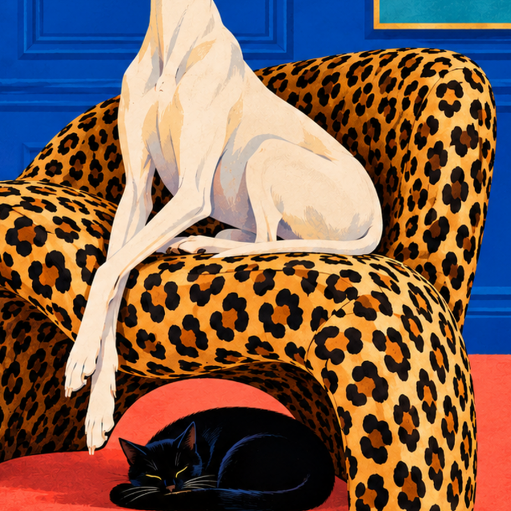 Retro Salon: Şık Köpekli ve Kedili Modern Sanat Poster — baskının yakın çekimi, kâğıt dokusu ve renk detayı